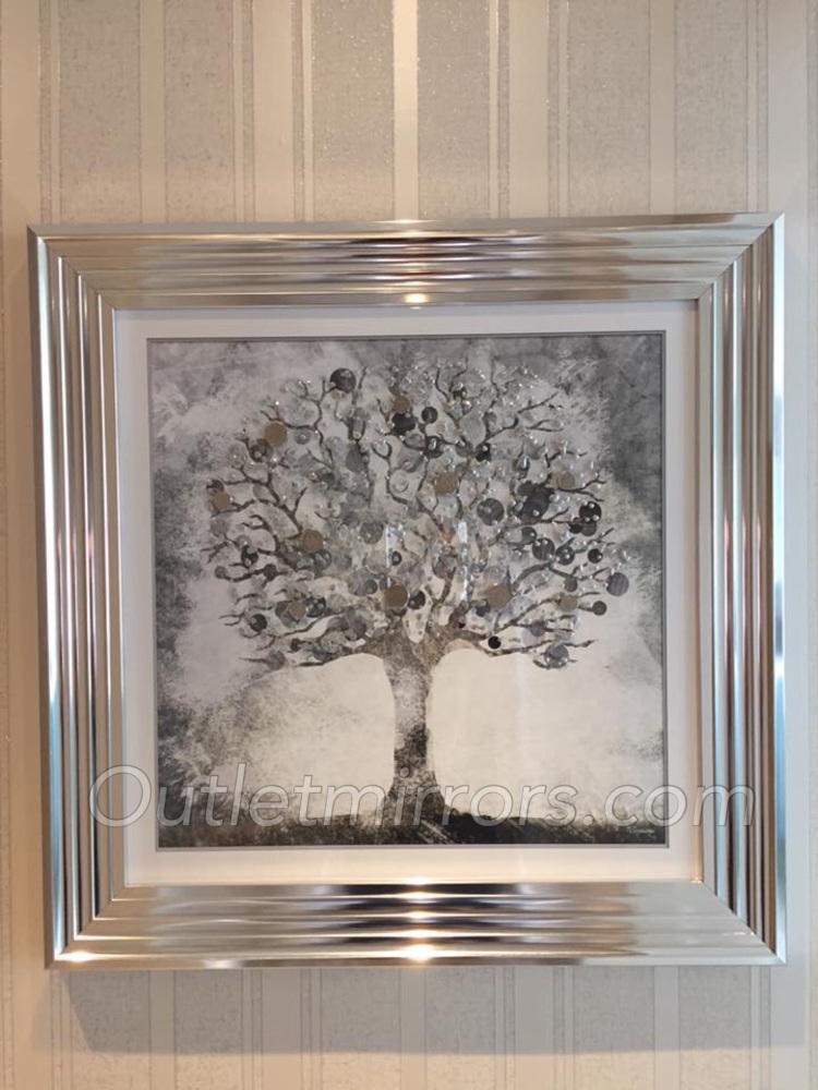 Mirror framed art print "Glitter Sparkle Money Tree" with real coins in a silver stepped frame 