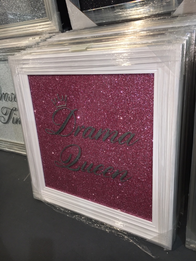 Drama Queen in Silver on a Pink glitter Backing 75cm x 75cm white stepped frame 