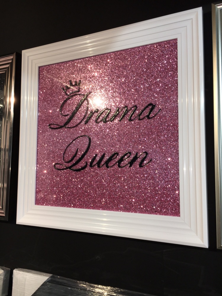 Drama Queen in Black on a Pink glitter Backing 75cm x 75cm white stepped frame 