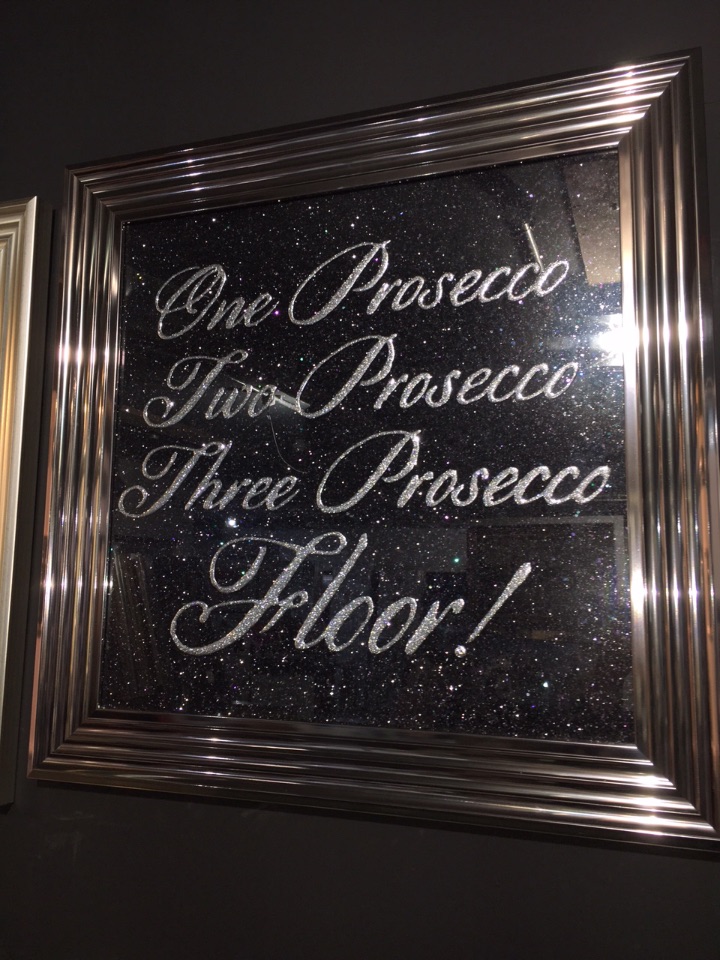 "One Prosecco two Prosecco three Prosecco four" on Black Glitter Backing 75cm x 75cm