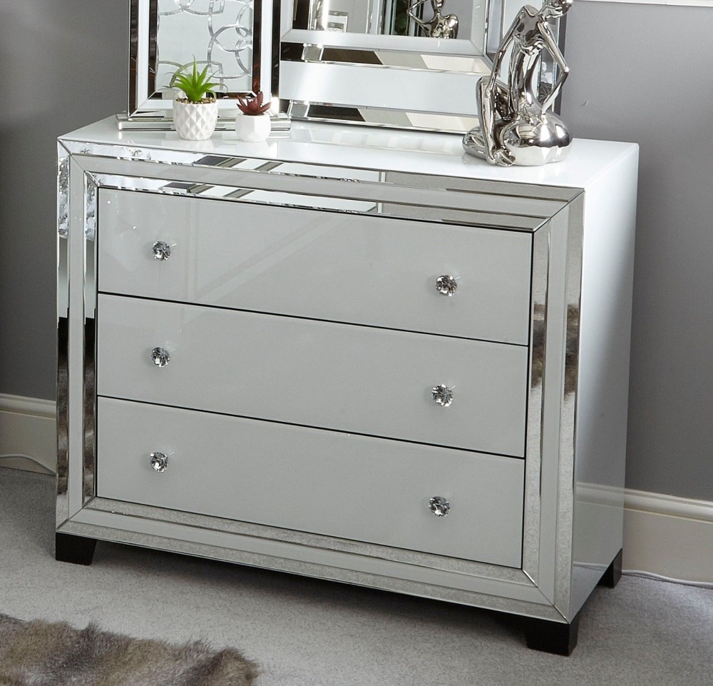 White Mirrored 3 Draw Large chest 