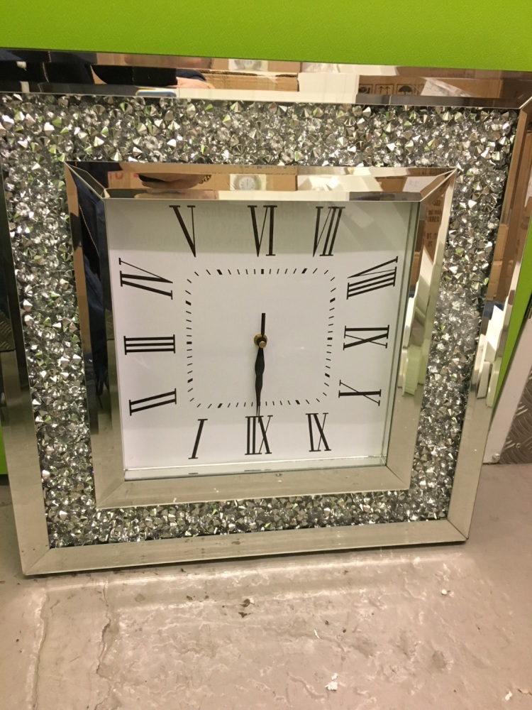 * New Diamond Crush Sparkle large crystal Mirrored Clock 50cm x 50cm In stock