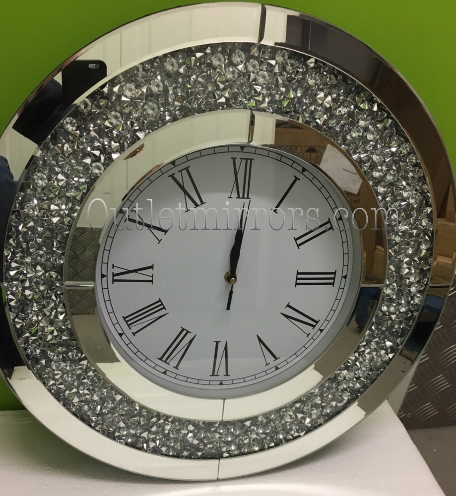 * New Diamond Crush Sparkle large Crystal Mirrored Clock round 50cm dia in stock