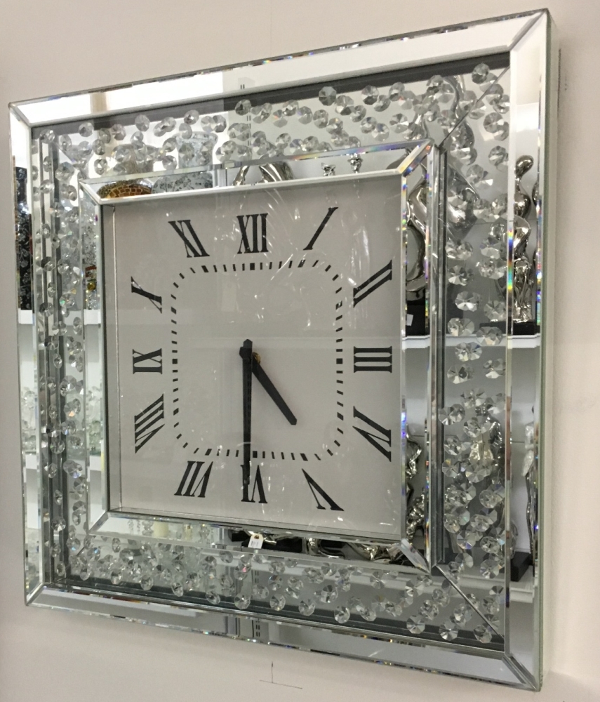 Floating Crystals Mirrored Square Clock 50cm x 50cm