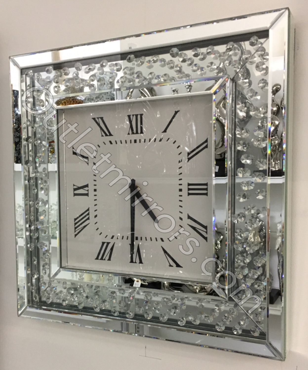 50x50cm MIRRORED FLOATING CRYSTAL SQUARE WALL CLOCK WALLCLOCK SILVER TIME 