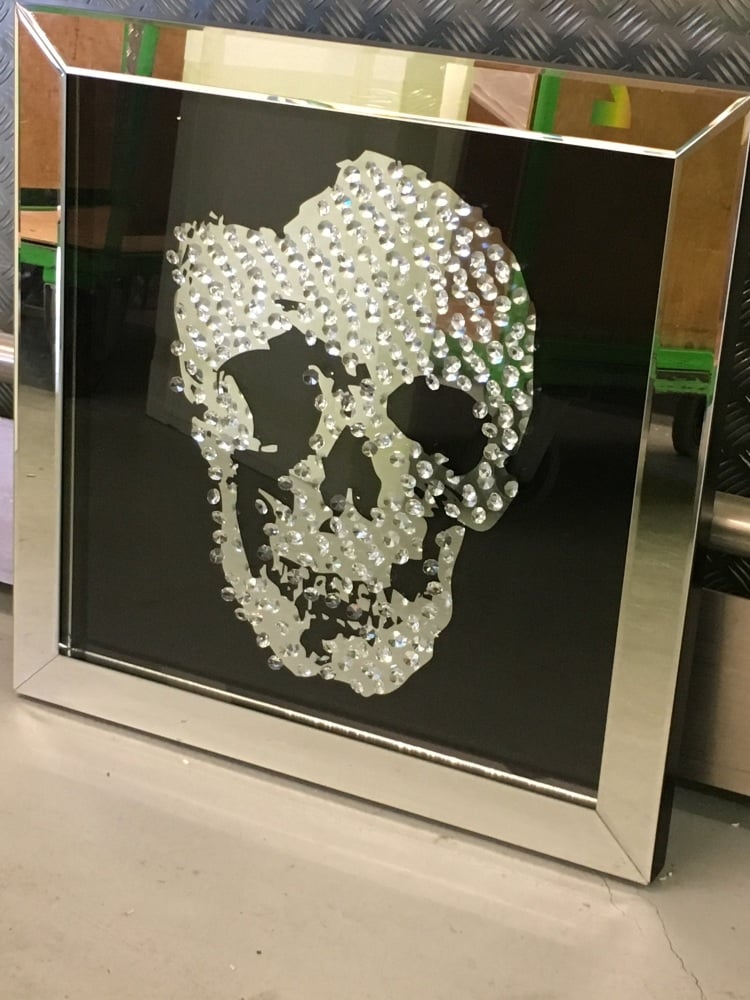 Floating Crystals "Skull" Decor on Black Gloss & Silver Bevelled Mirrored Frame 70cm x 70cm