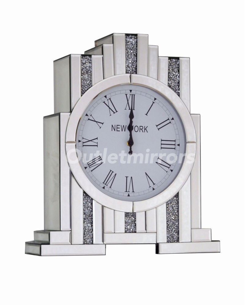 *** New Mirrored Diamond Crush Art Deco Manhatten clock without Shelve