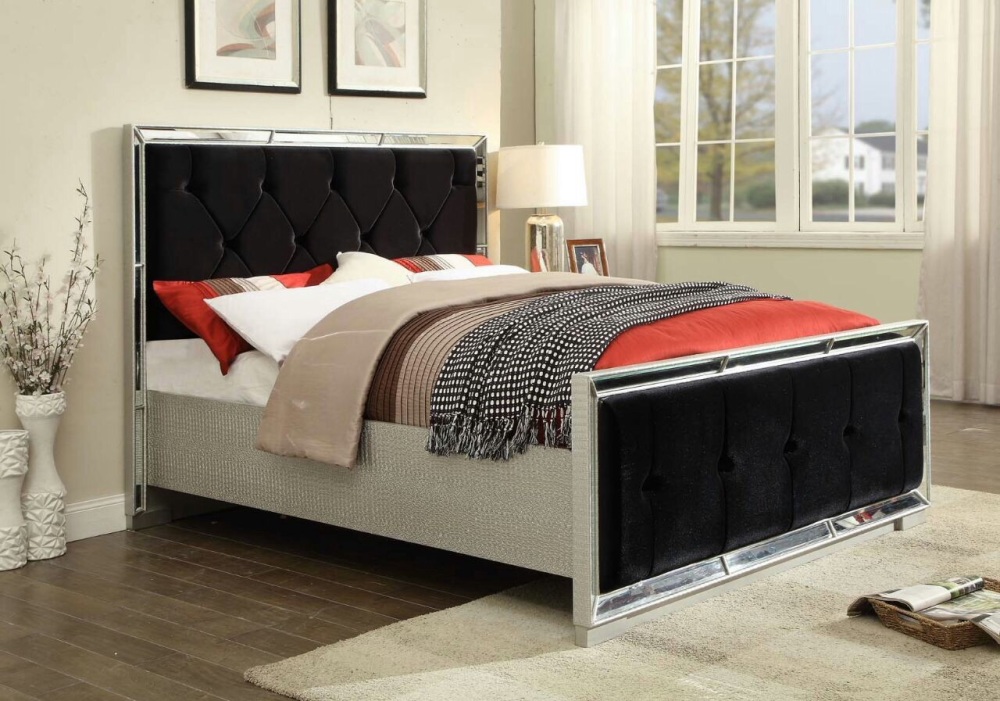 Sofia Mirrored 4ft 6 Bed with Velvet Black Fabric Headboard