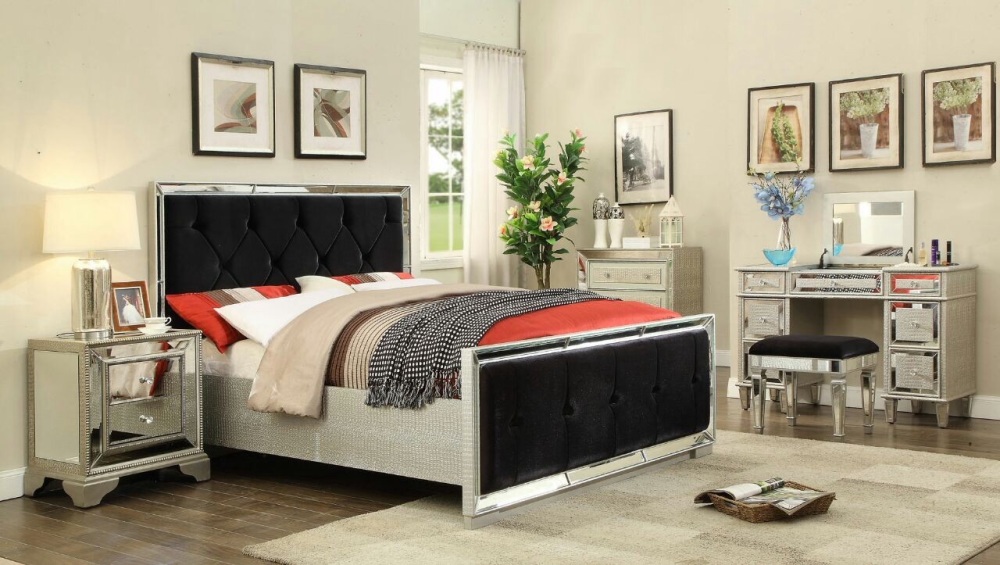 Sofia Mirrored 4ft 6 Bed with Velvet Black Fabric Headboard