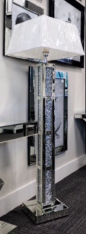 ^Diamond Crush Crystal Block Mirrored Floor Lamp 30.5cm x 142cm Silver Grey or White shade in stock