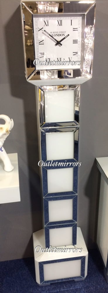 *** New Mirrored Silver & White Floor Standing Susie Grand Father clock in stock