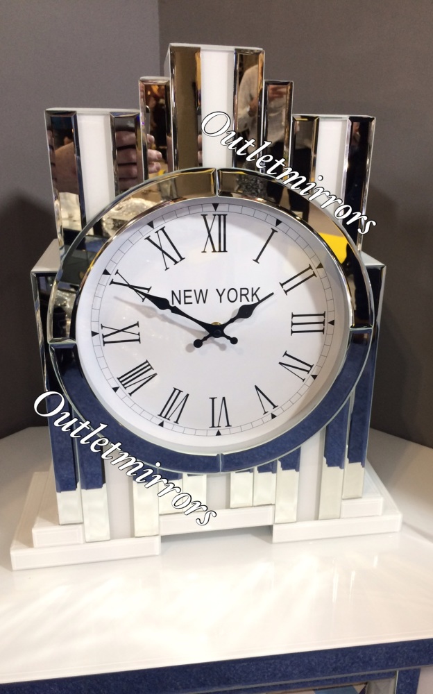 *** New Mirrored Silver & White  Art Deco Manhatten clock without Shelve