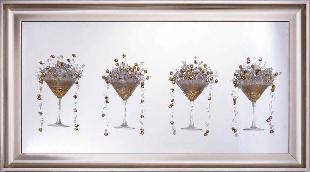 3D Martini gold 4 Cup wall art on a Silver mirror backing Brushed Gold Frame  in stock for a quick delivery