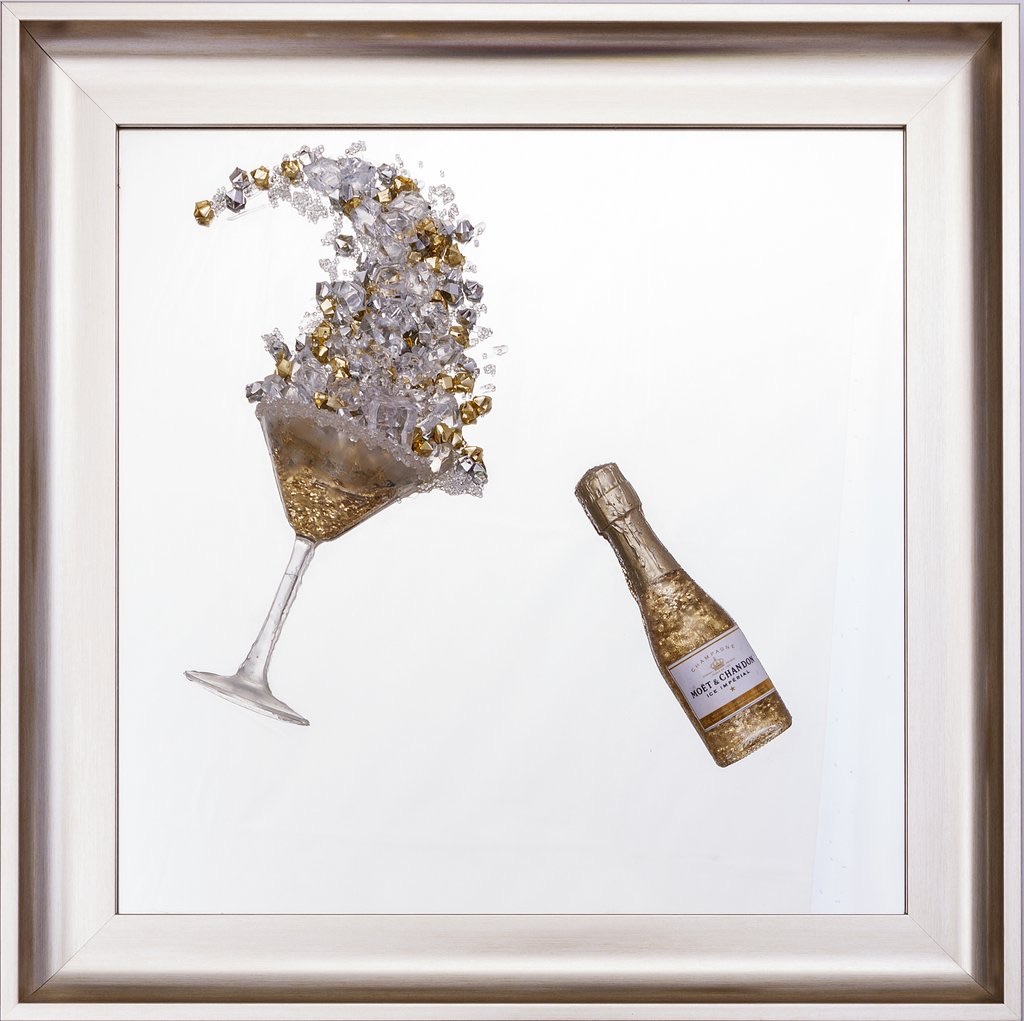 3D Champagne celebration Gold wall art on a Silver mirror in a Brushed silv