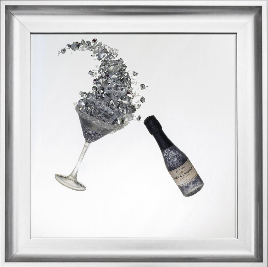 3D Champagne celebration Silver wall art on a Silver mirror in a silver frame 