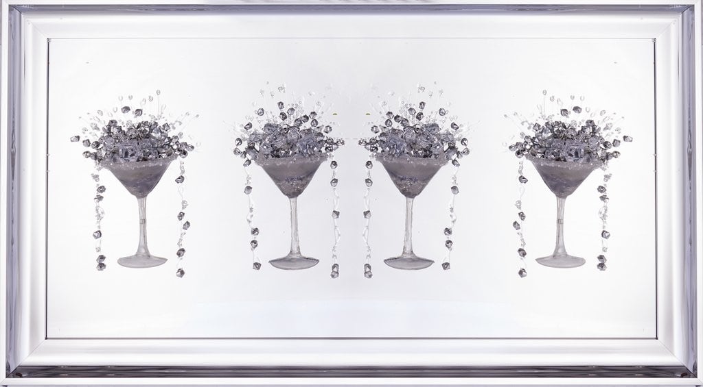 3D Martini silver 4 Cup wall art on a Silver mirror backing In a silver Frame  in stock for a quick delivery