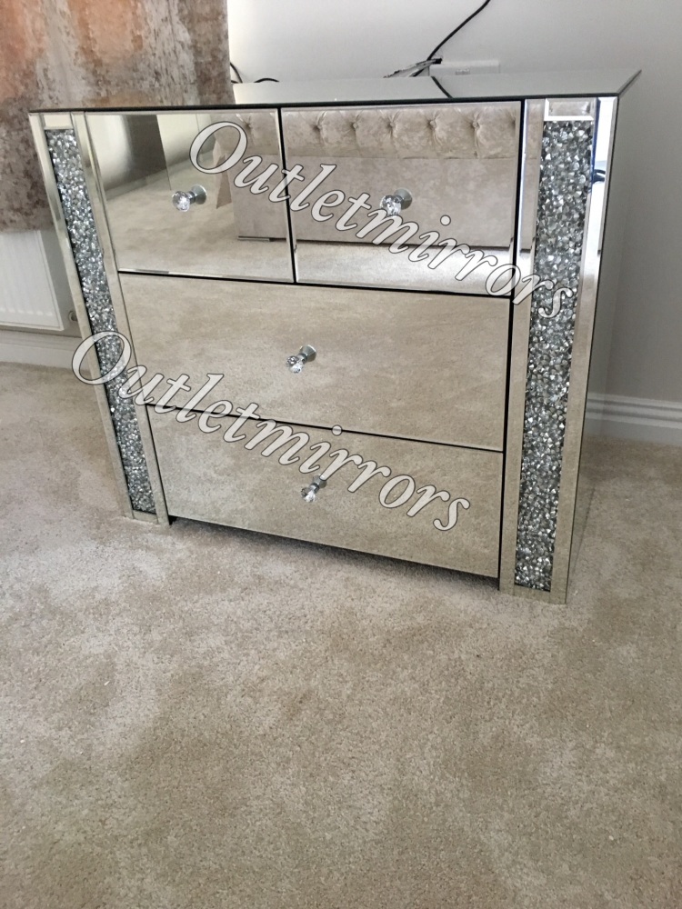 Diamond Crush Sparkle Crystal Mirrored 4 Draw Large Chest Of