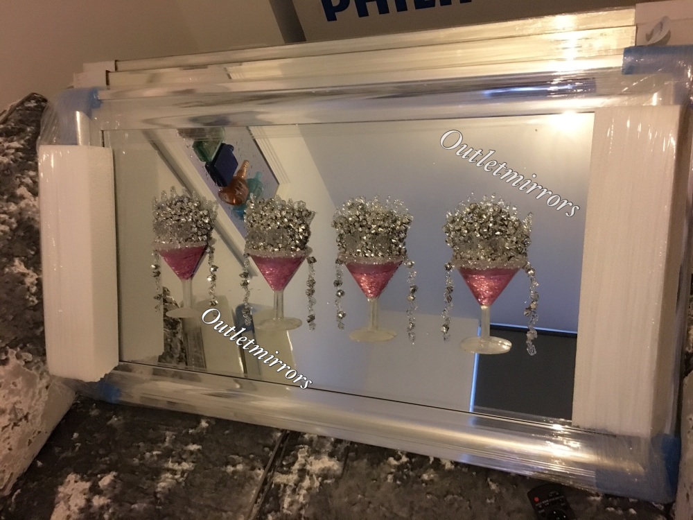 3D Martini pink 4 Cup wall art on a Silver mirror backing Silver Chrome stepped Frame