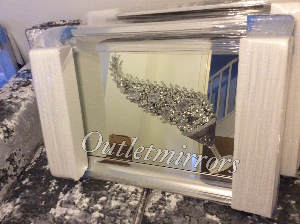 3D Martini Cup right splash Silver wall art on a Silver mirror in a silver chrome frame -
