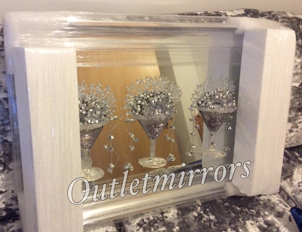  3D Martini 3 cup silver wall art on a Silver mirror backing In a silver Fr