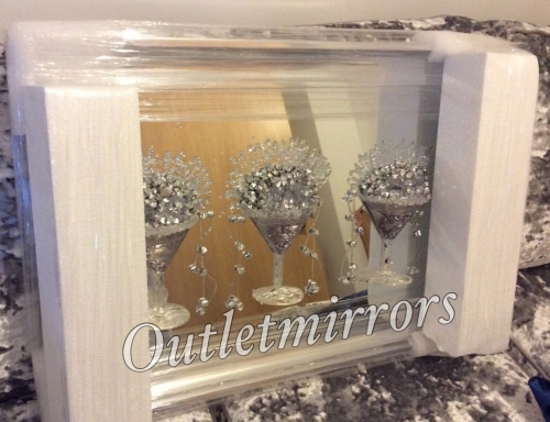 3D Martini 3 cup silver wall art on a Silver mirror backing In a silver Fr
