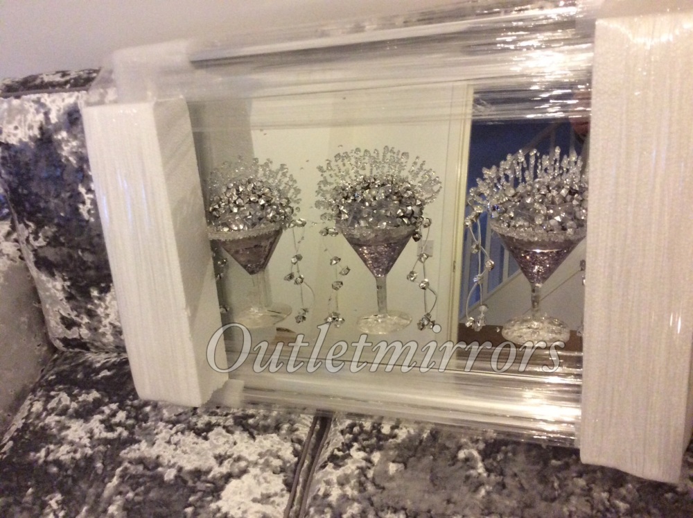  3D Martini 3 cup silver wall art on a Silver mirror backing In a silver chrome stepped Frame