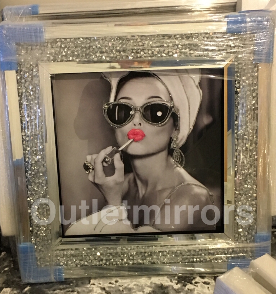 "Audrey Hepburn Glamour Lady " Wall Art in a diamond crush frame in stock