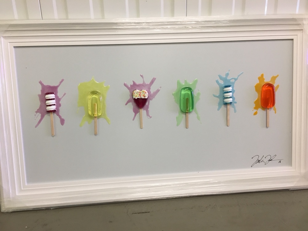 Jake Johnson 3D colourful Ice Pops wall art on a white gloss background white stepped frame in stock