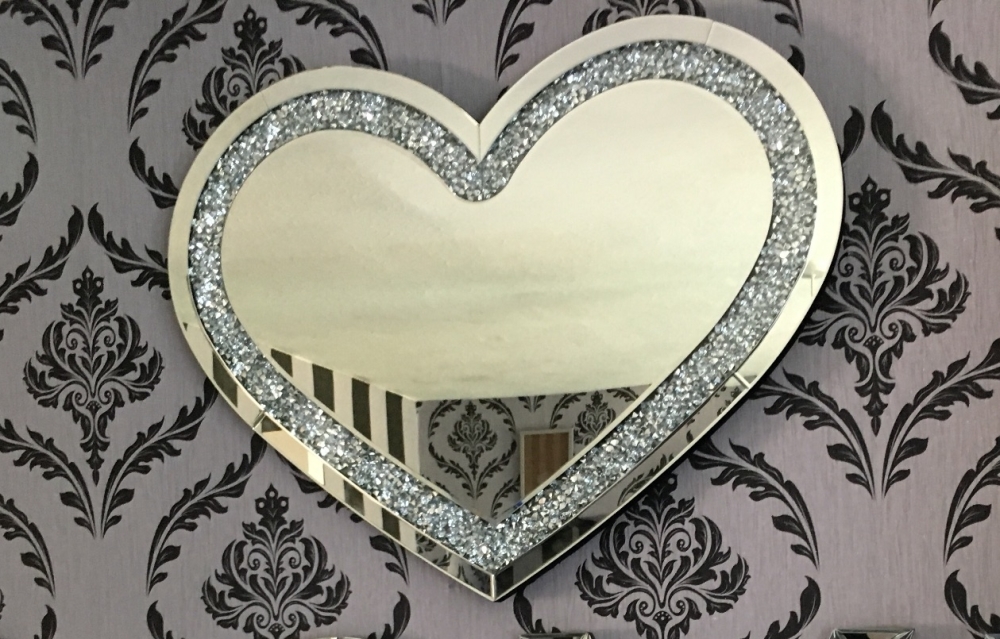 * New Diamond Crush Sparkle Heart Wall Mirror 90cm x 70cm 