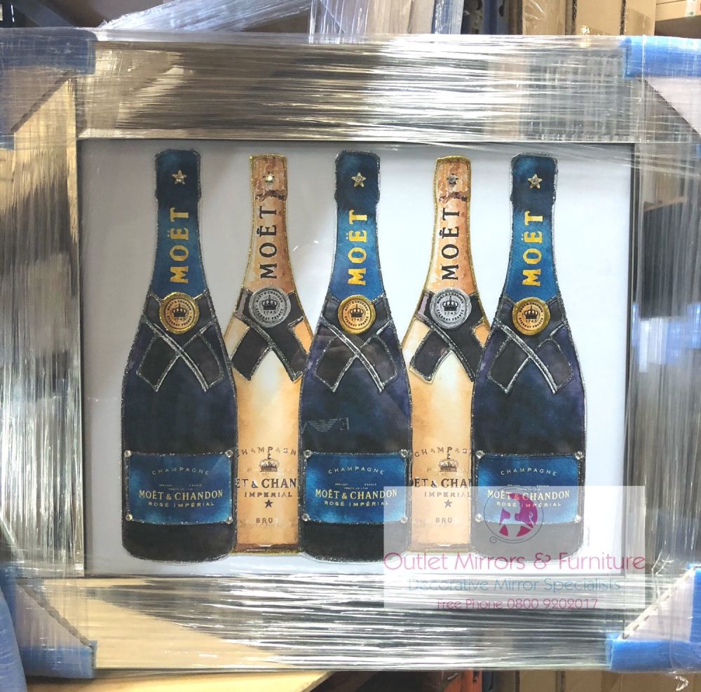 Mirror framed Sparkle Glitter Art "Moet Champagne Bottles" 