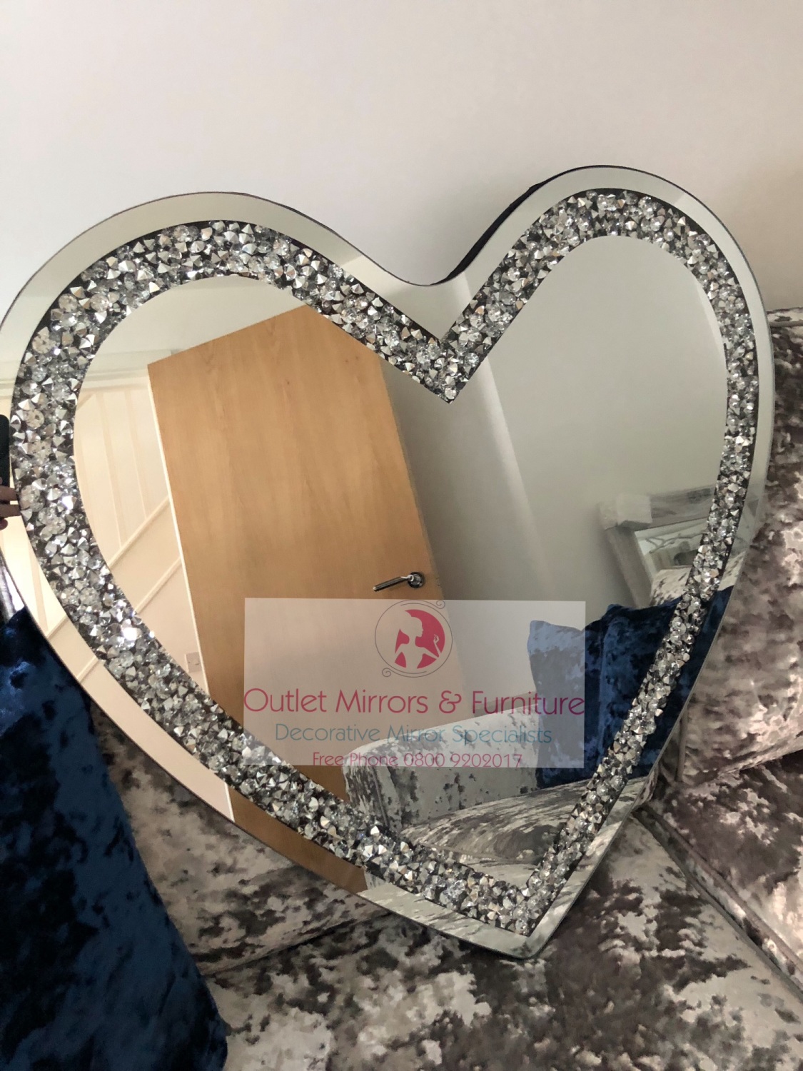 * New Diamond Crush Sparkle Heart Wall Mirror 70cm x 70cm