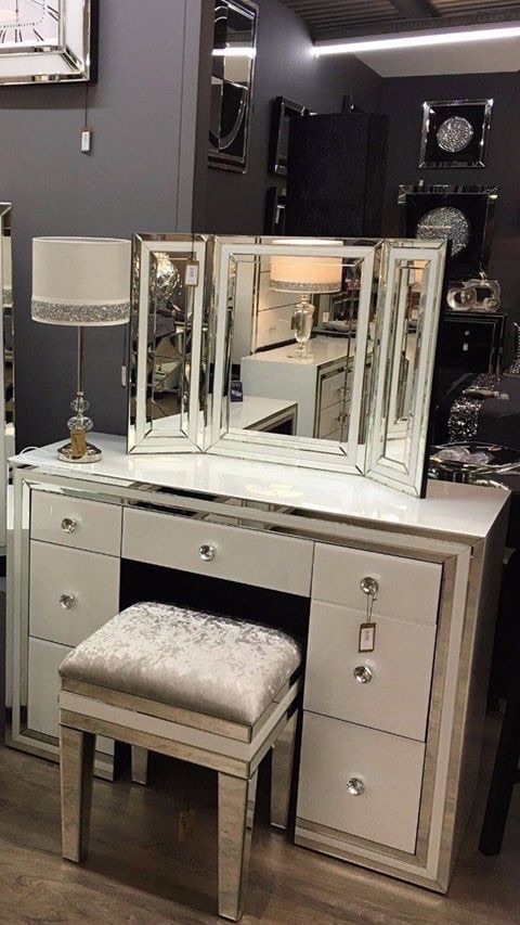 Package Deal  White Mirrored 7 Draw Drsssing Table Stool and Tri Fold Mirro