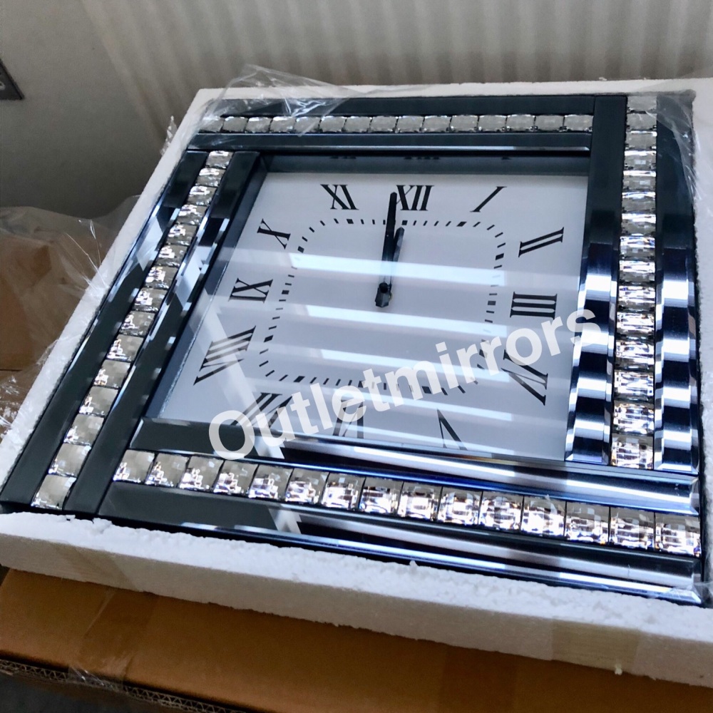 Crystal Border Smoked Grey Mirrored Clock 45cm x 45cm