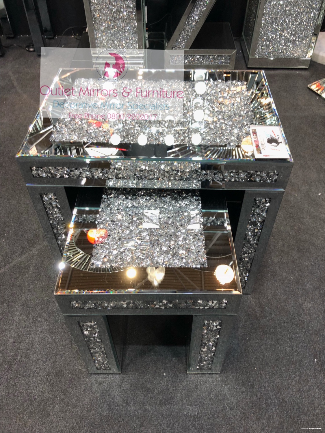 Nest Of 2 Tables Diamond Crush Crystal Sparkly Silver Mirrored Bevelled 