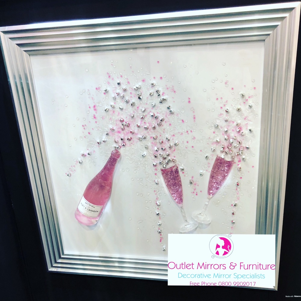 Pink Champagne bottle and flutes wall art on a white background and silver matt stepped frame in stock