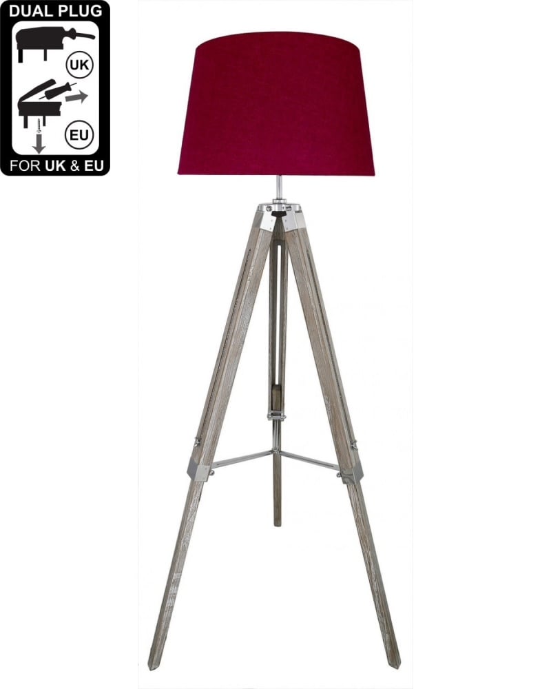 Hollywood Floor Lamp Natural Grey With Red Linen Shade