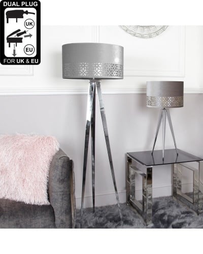 Hollywood Chrome Large Floor Lamp With Grey Shade Chrome Large Floor Lamp With Grey Shade