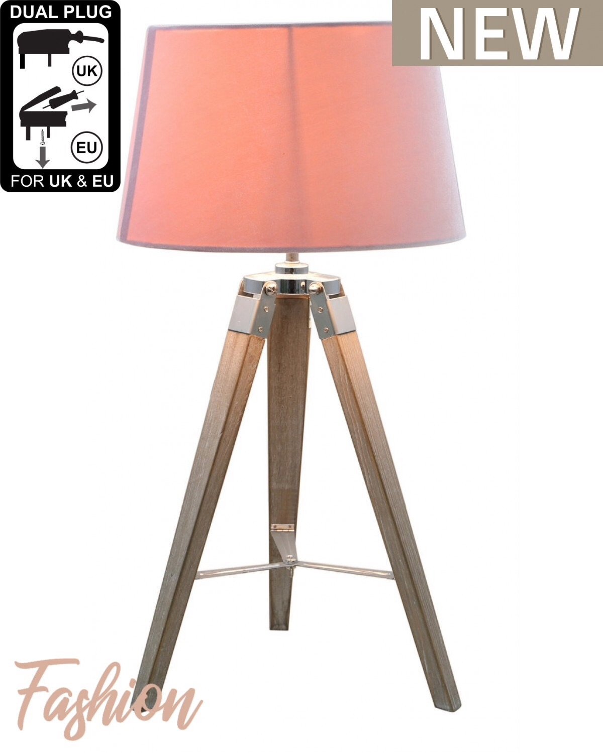 Medium Wood Tripod Table Lamp With Pink Shade Medium Wood Tripod Table Lamp With Pink Shade