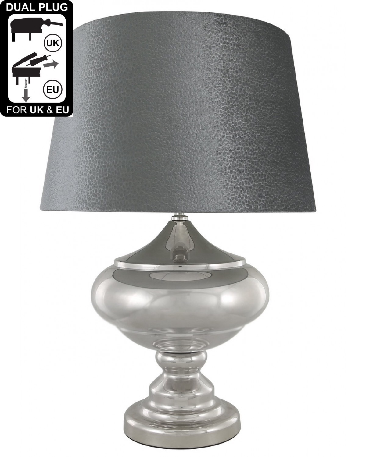 Silver Chrome Glass Statement Table Lamp With Grey Empire Shade