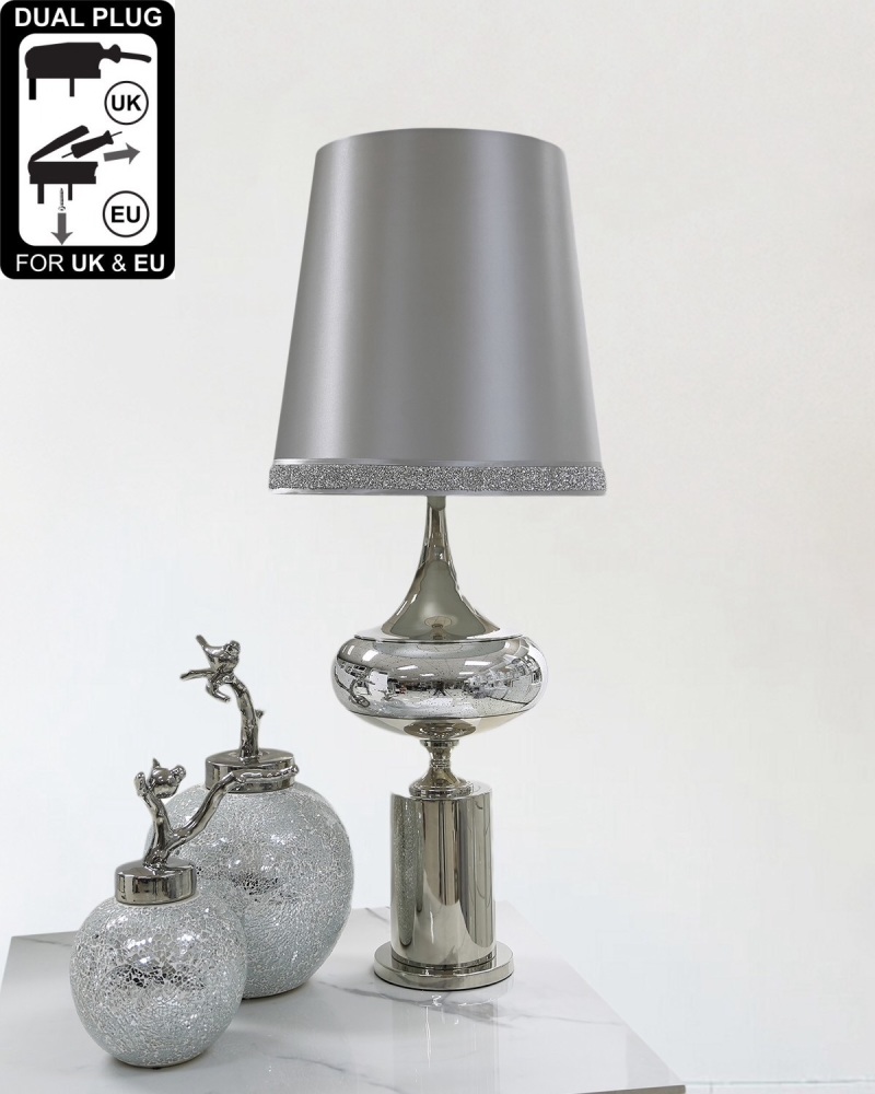 Chrome And Glass Podium Statement Table Lamp With Silver Shade