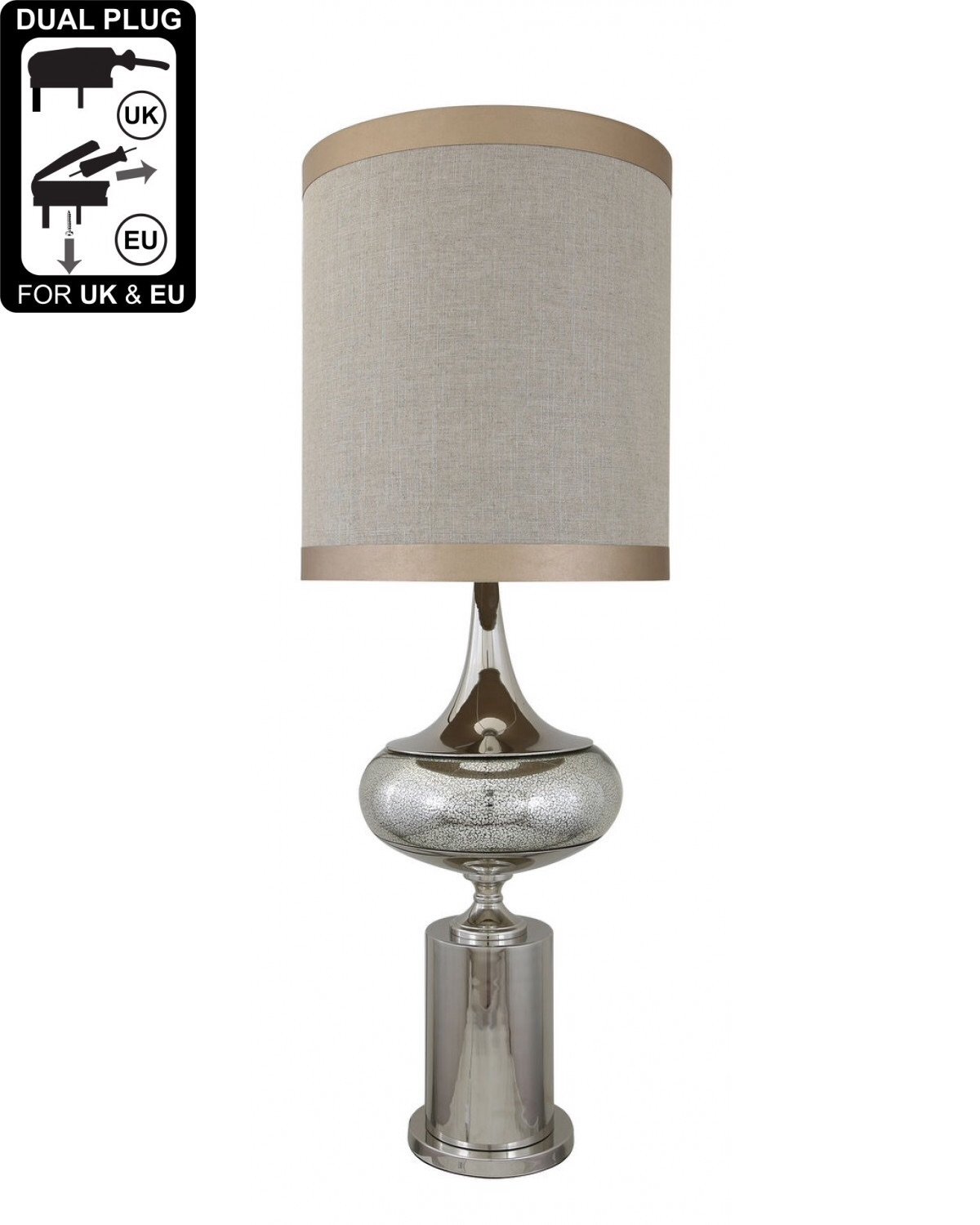 Chrome And Glass Podium Statement Table Lamp With Linen Beige Shade