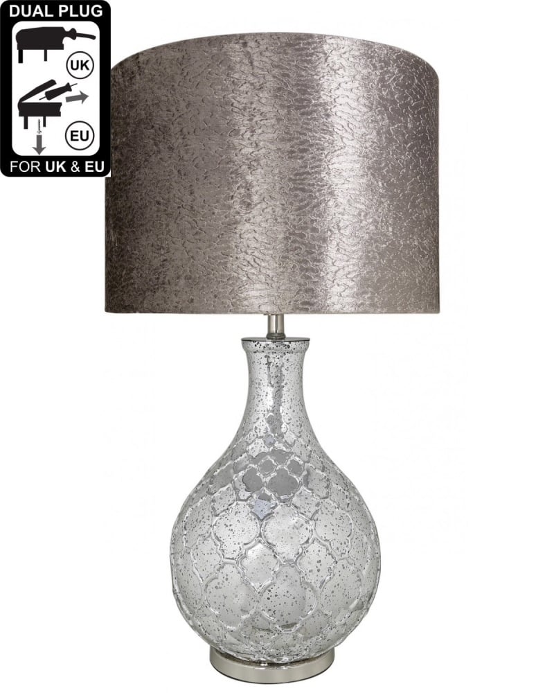 Silver Mercury Lamp with a quatrefoil patterned base, and an 18 inch Taupe