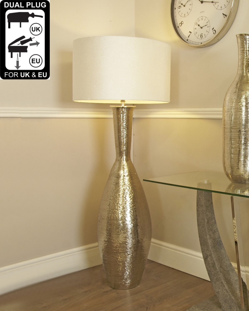 Nickel Elongated Amphora Floor Lamp With A 24 Inch Natural Linen Drum Shade