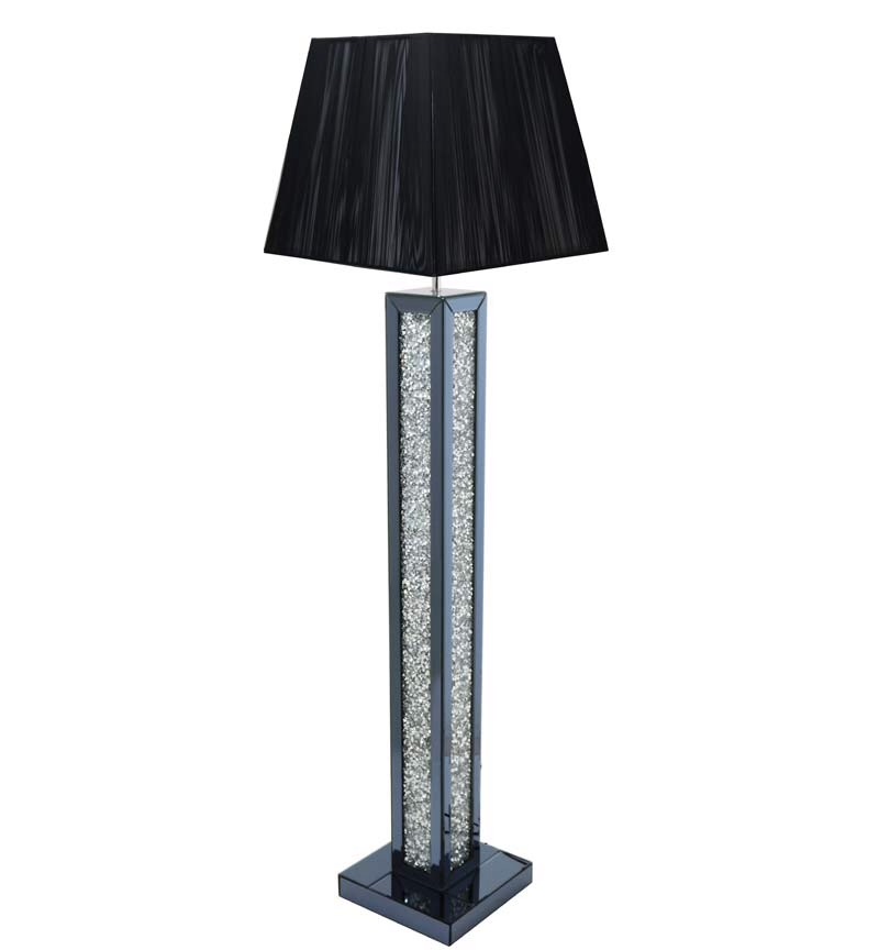 ^Diamond Crush Crystal Sparkle Smoked Mirrored Tall Floor Lamp Black shade  30.5cm x 142cm
