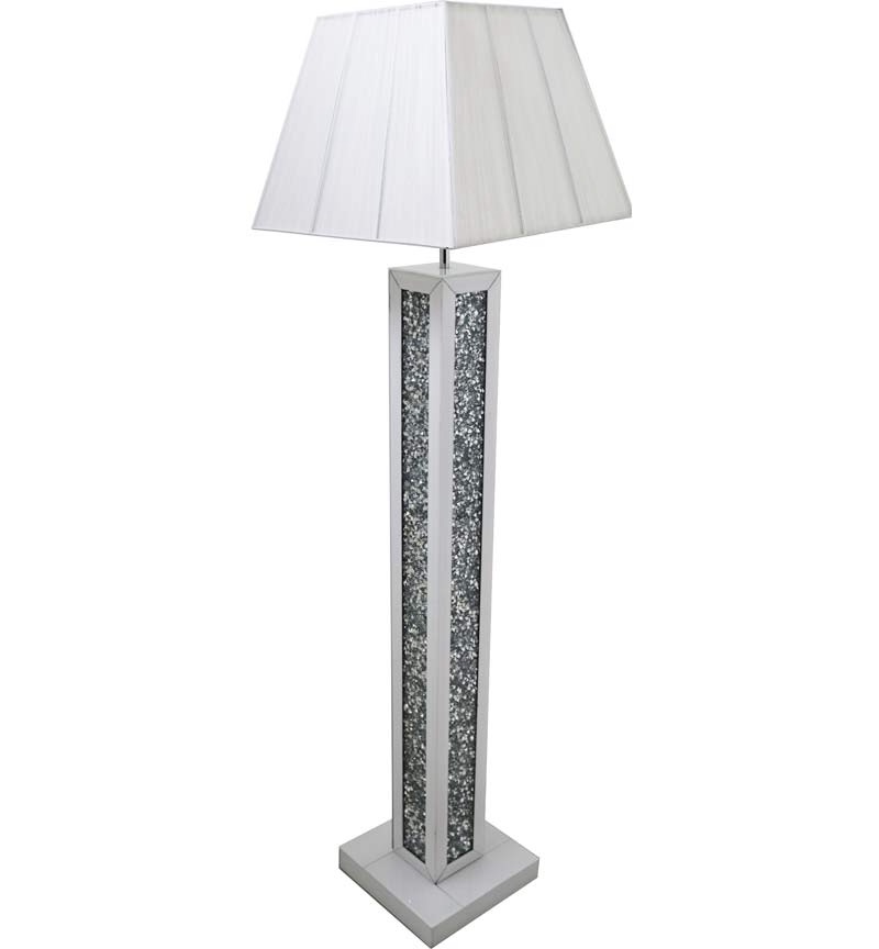 ^Diamond Crush Crystal White Mirrored Tall Lamp 30.5cm x 142cm white shade