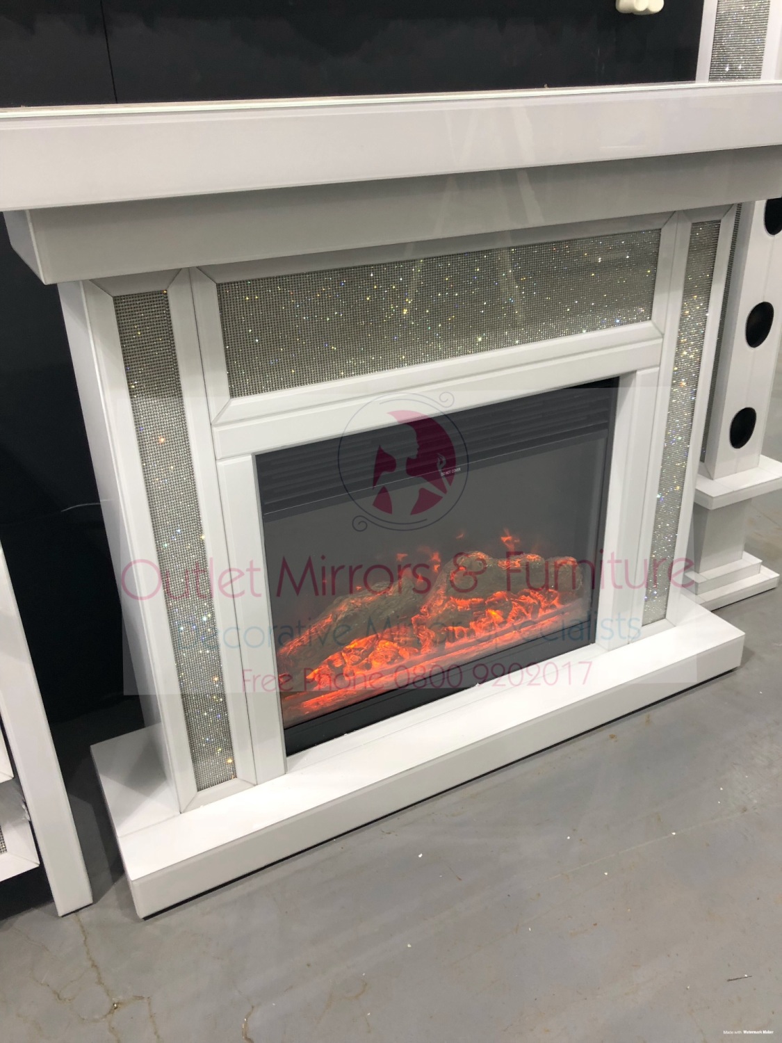 White Mirrored Glamour Sparkle Mirrored Fire Surround With Electric