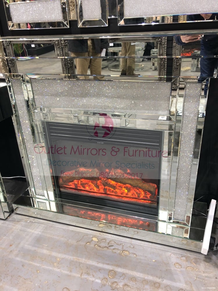 Silver Mirrored Glamour Sparkle Mirrored fire surround with electric fire