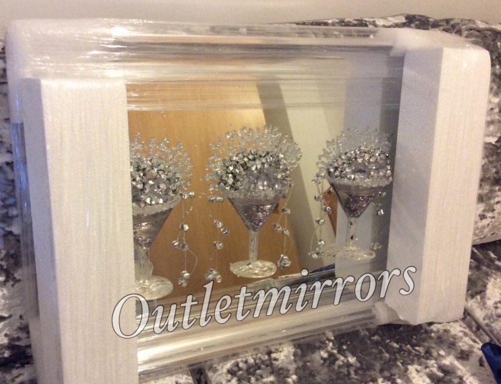 3D Martini 3 cup silver wall art on a Silver mirror backing In a silver Frame