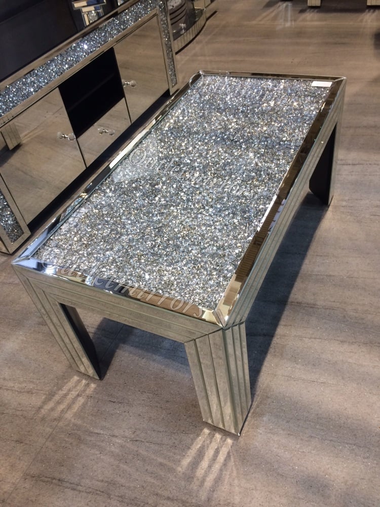 Stunning Silver Diamond Crush Sparkle, Mirrored Coffee Table With Crystals