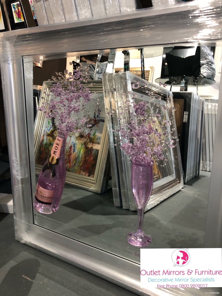 Jake Johnson Pink Moet Champagne wall art on a Silver mirror and silver fra